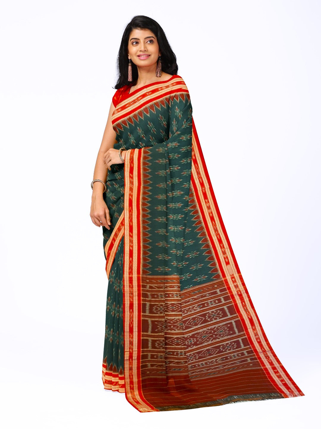Green and Red Cotton Odisha Ikat saree  with mix match cotton ikat blouse piece