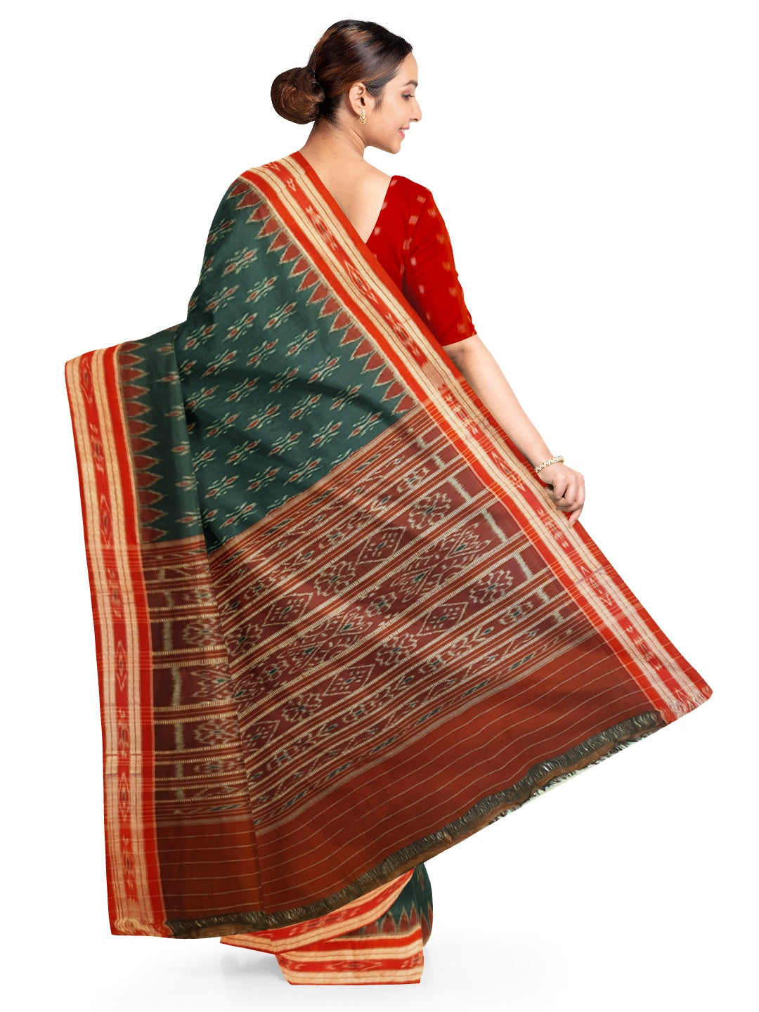 Green and Red Cotton Odisha Ikat saree  with mix match cotton ikat blouse piece