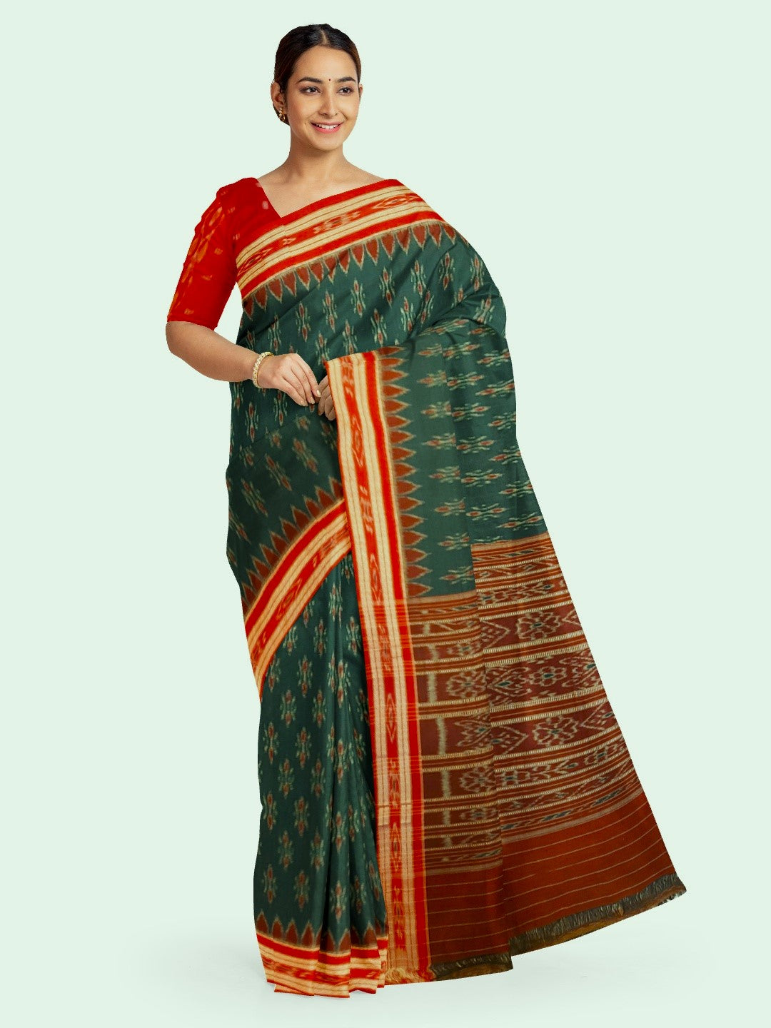 Green and Red Cotton Odisha Ikat saree  with mix match cotton ikat blouse piece
