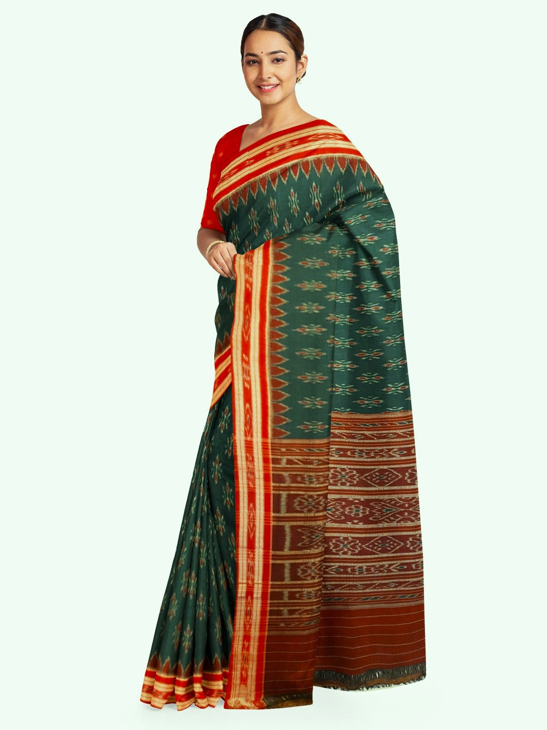 Green and Red Cotton Odisha Ikat saree  with mix match cotton ikat blouse piece