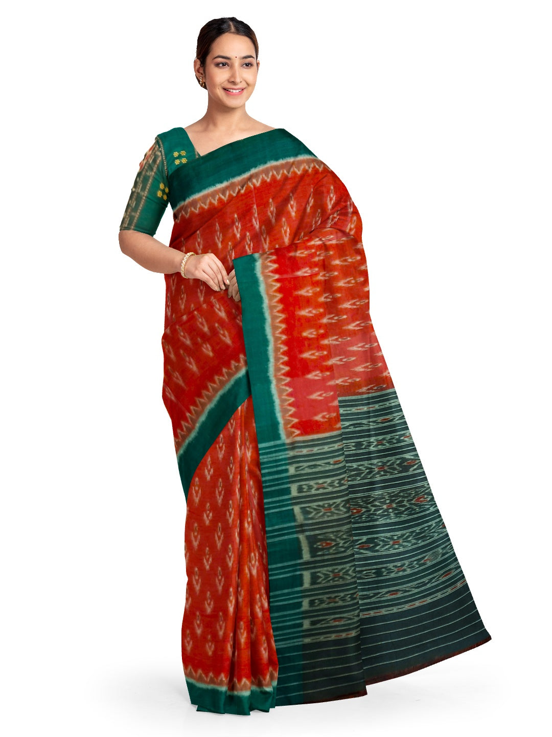 Red Cotton Odisha Ikat saree  with mix match cotton ikat blouse