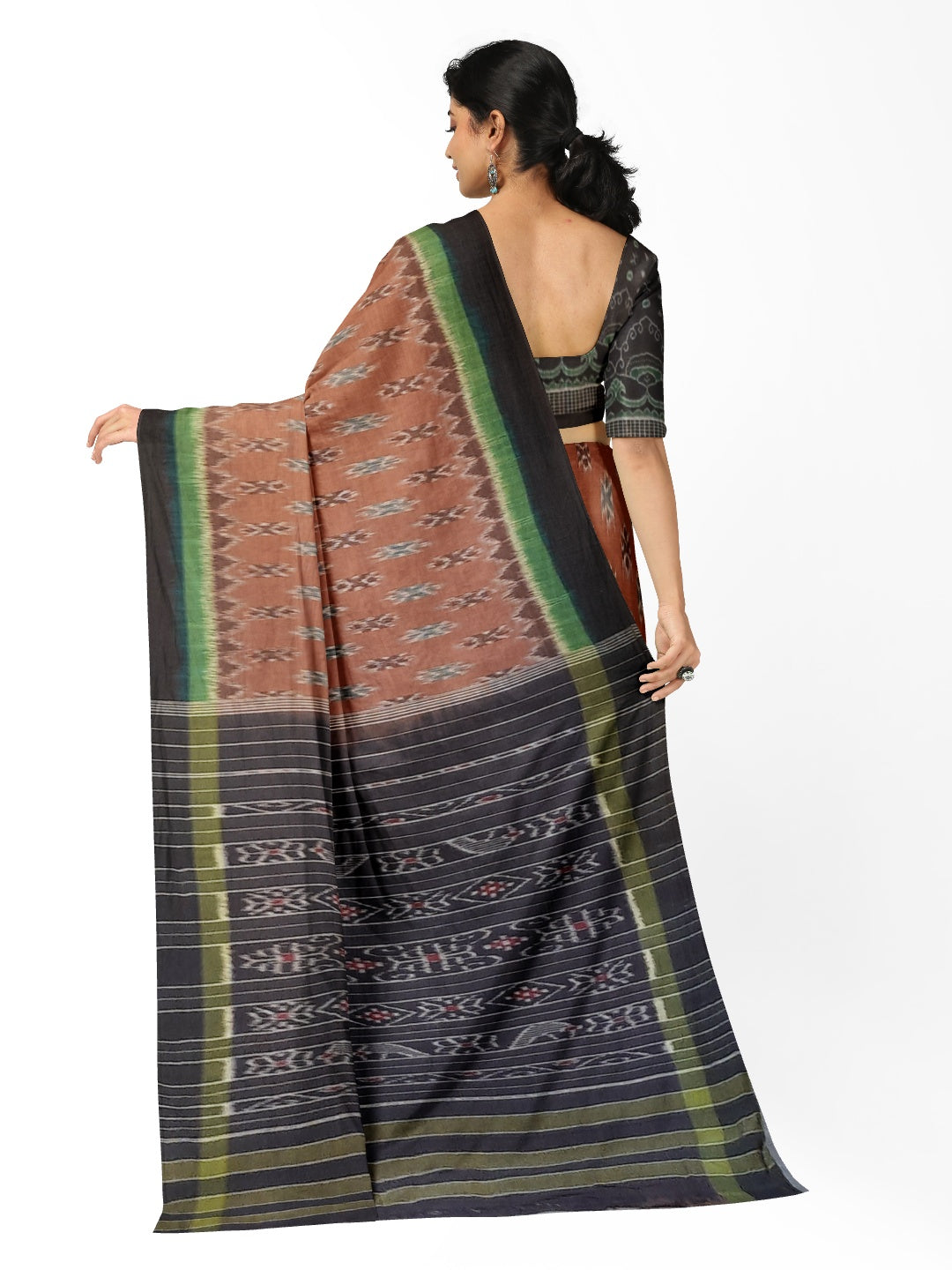 Brown Cotton Odisha Ikat saree  with mix match cotton ikat blouse