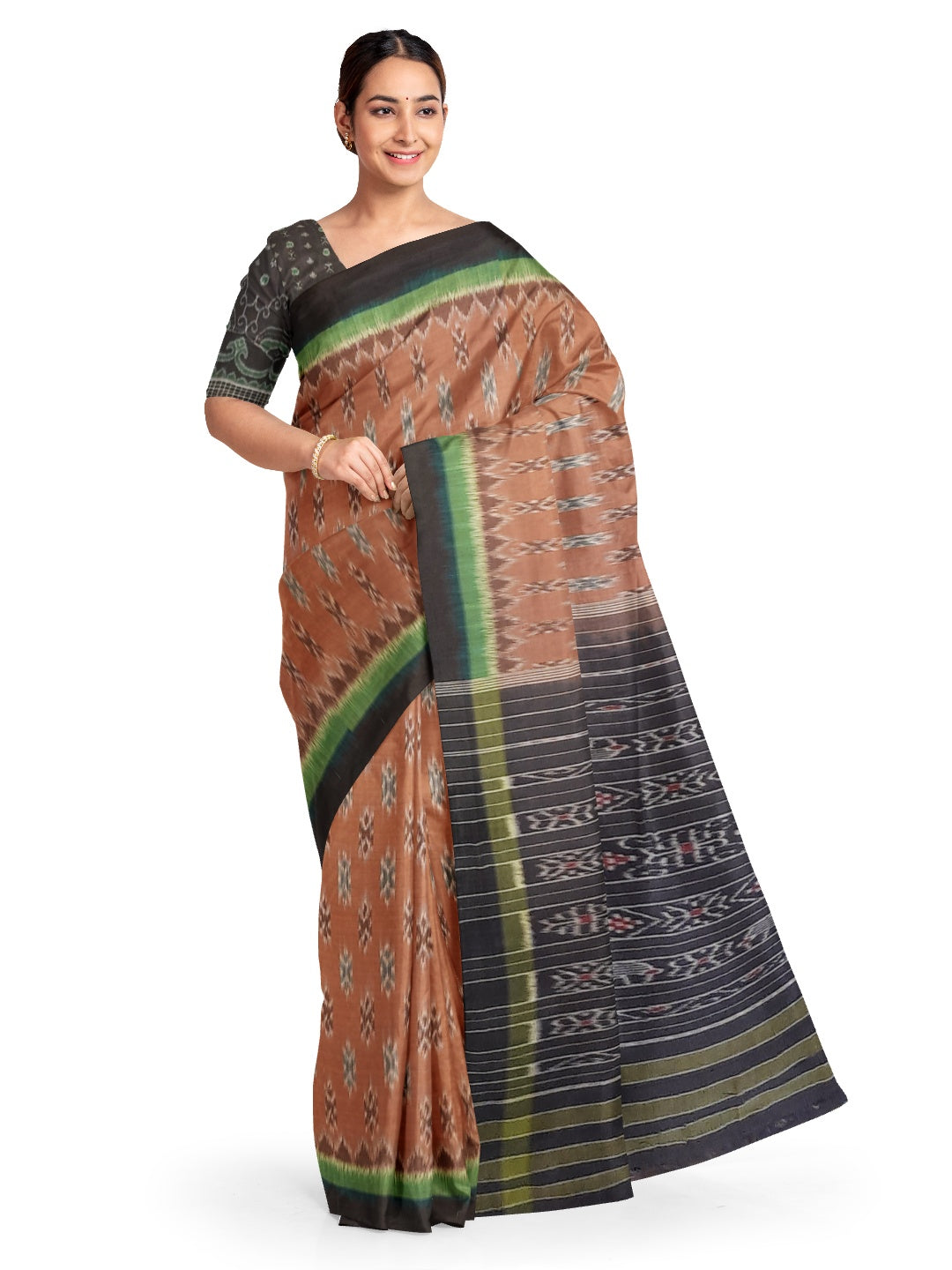 Brown Cotton Odisha Ikat saree  with mix match cotton ikat blouse
