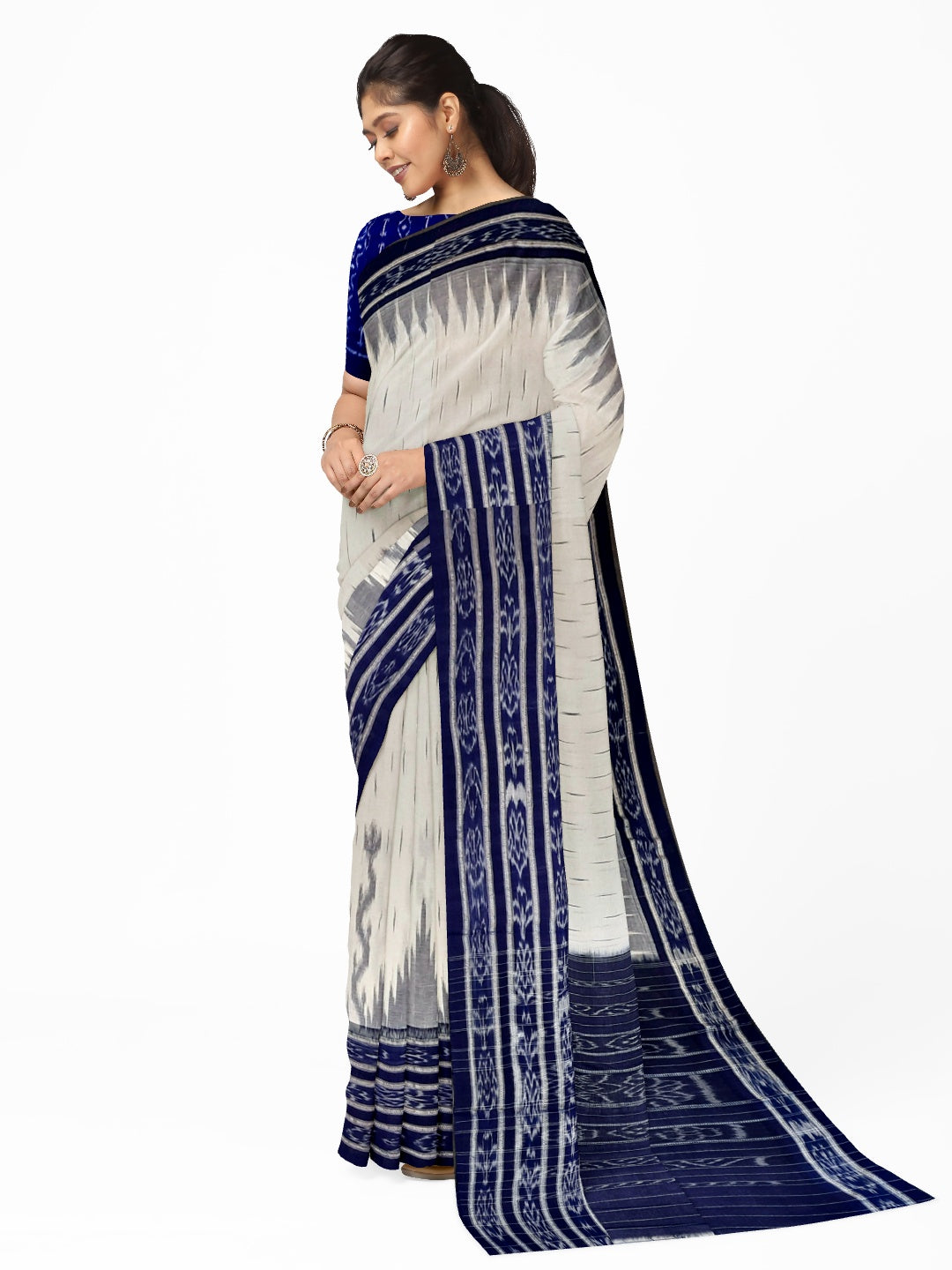 White and Blue Cotton Odisha Ikat saree  with mix match cotton ikat blouse