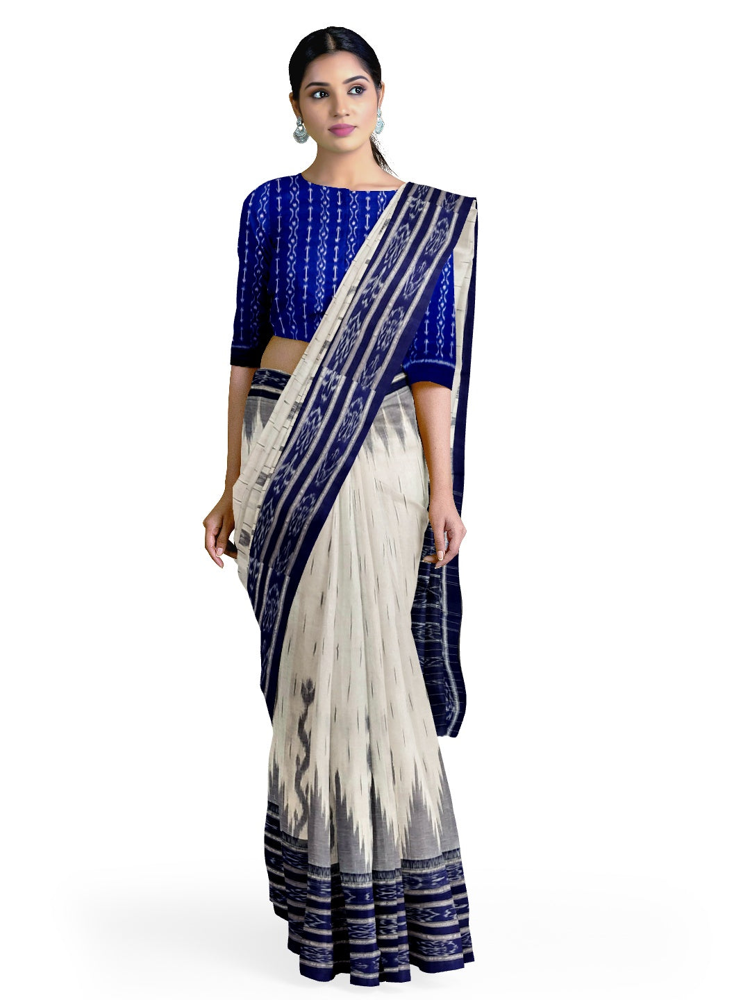 White and Blue Cotton Odisha Ikat saree  with mix match cotton ikat blouse