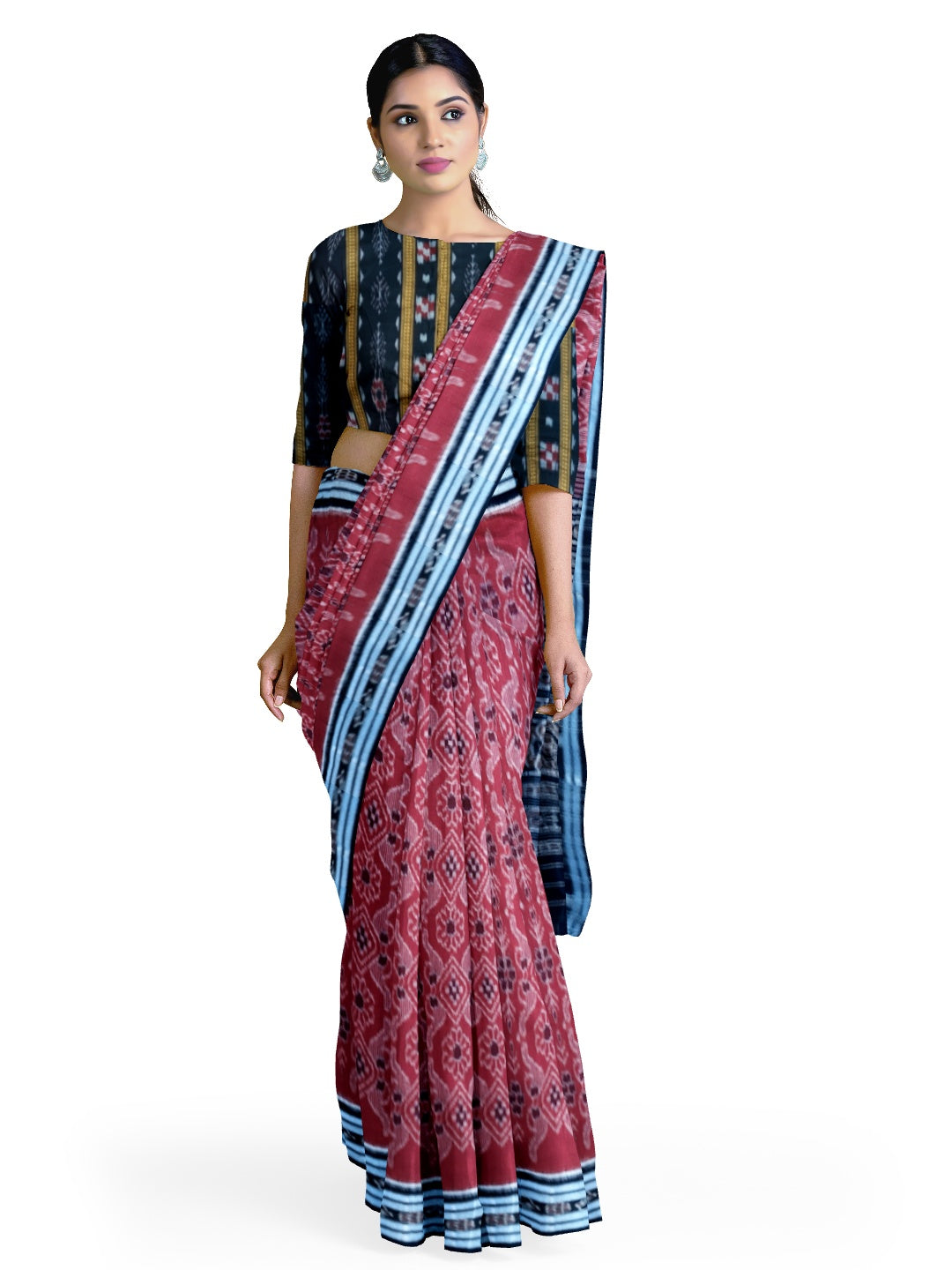 Maroon Cotton Odisha Ikat saree  with mix match cotton ikat blouse piece