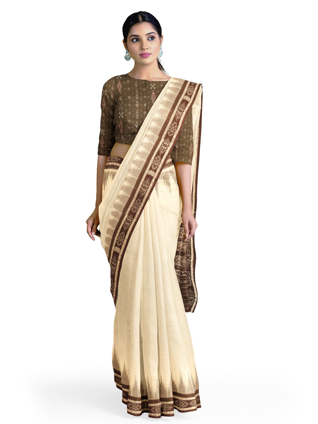 Off-white and Brown Cotton Odisha Ikat saree  with mix match cotton ikat blouse
