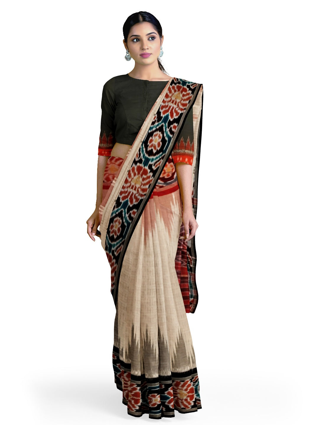 Beige Gangajamuna Cotton Odisha Ikat saree  with mix match cotton ikat blouse