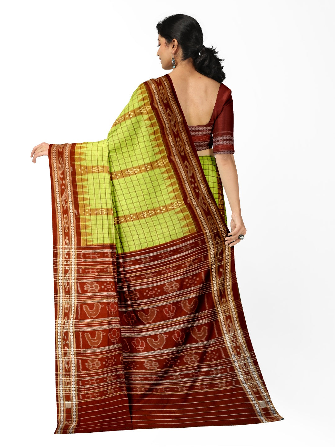 Green Checkered Cotton Odisha Ikat saree  with mix match cotton ikat blouse piece