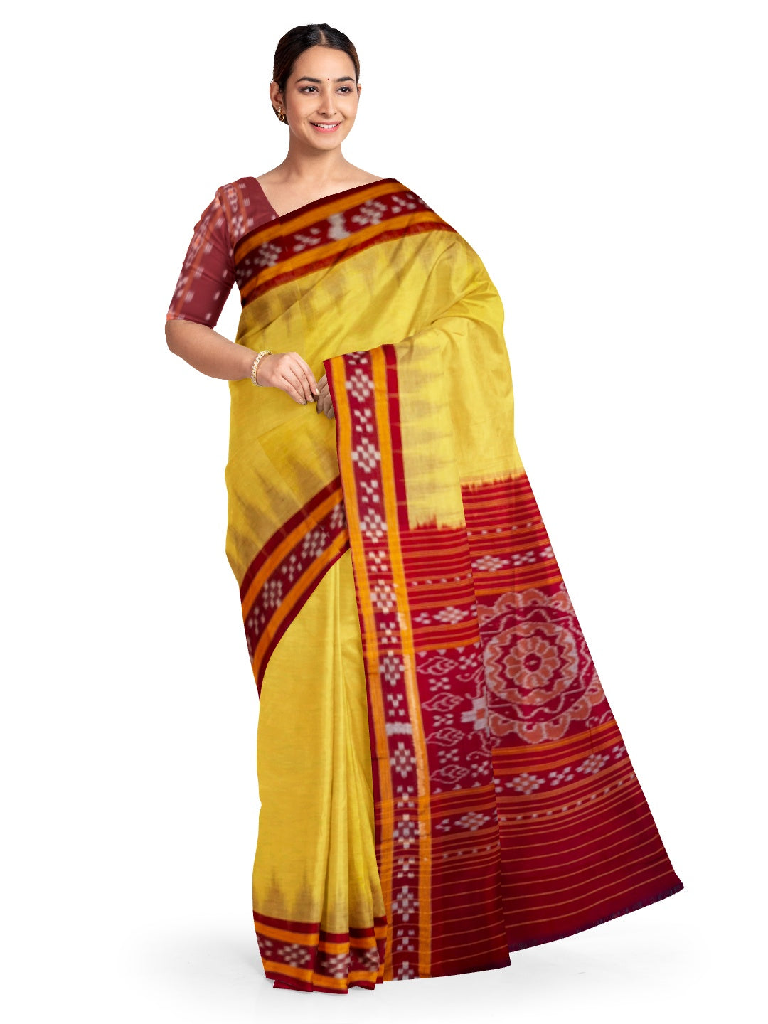 Mustard cotton Odisha Ikat saree pasapalli border with cotton ikat blouse piece
