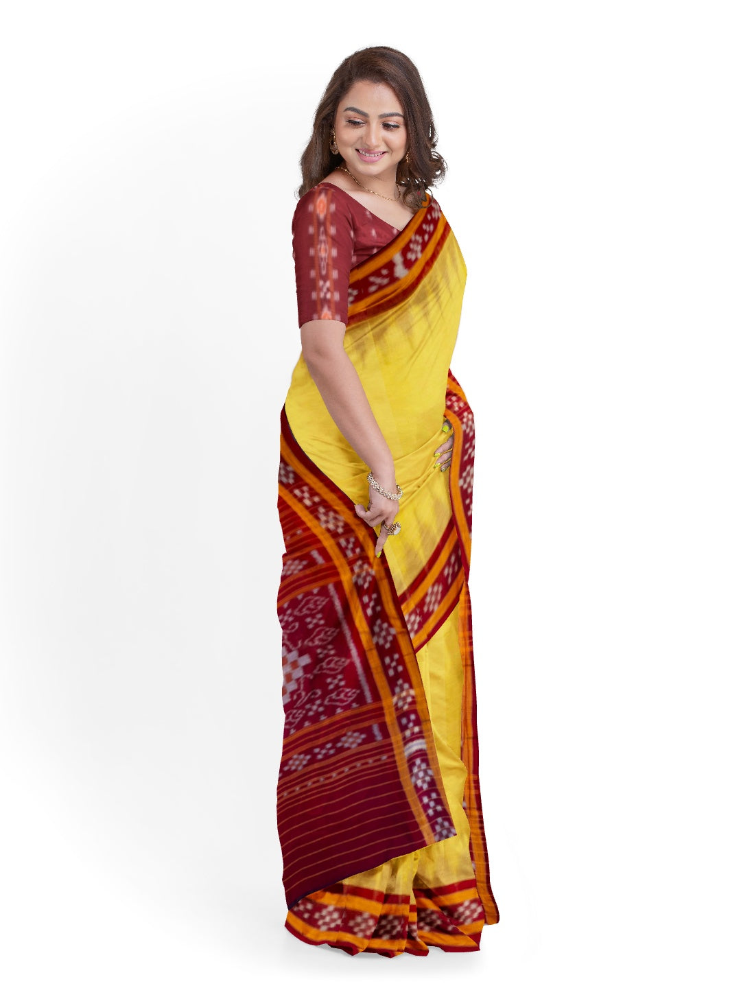 Mustard cotton Odisha Ikat saree pasapalli border with cotton ikat blouse piece