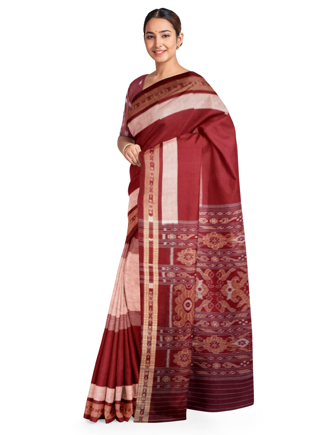 Maroon Cotton Odisha Ikat saree  with mix match cotton ikat blouse piece