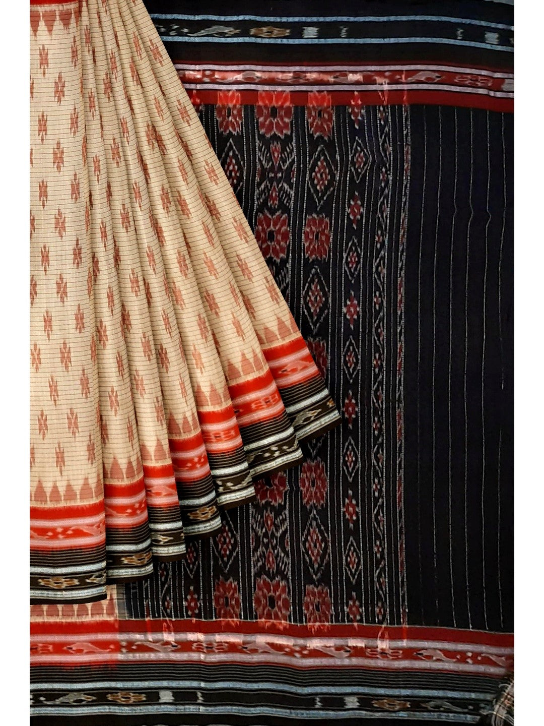 Beige with double border Odisha Ikat saree with cotton ikat blouse piece