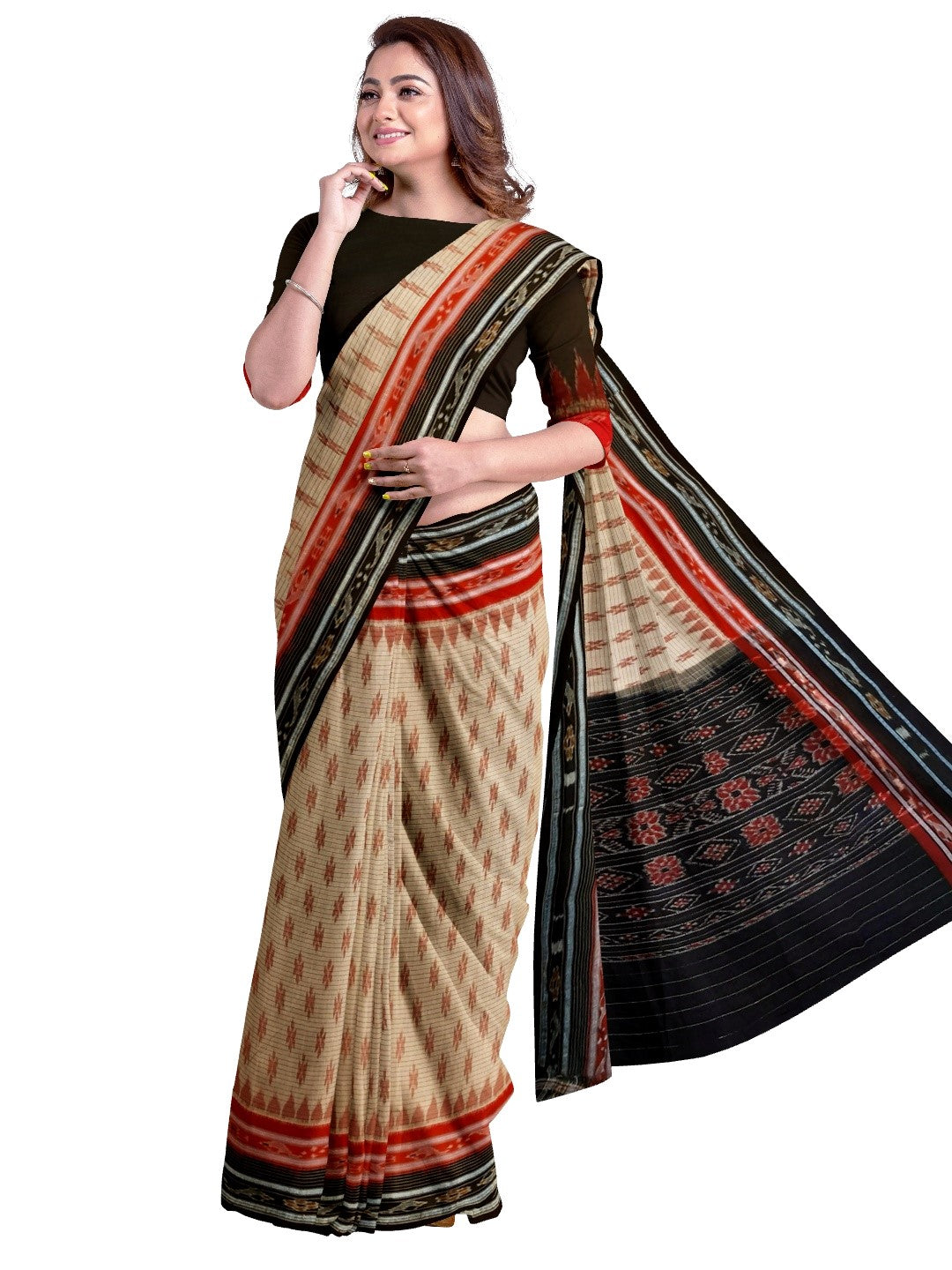 Beige with double border Odisha Ikat saree with cotton ikat blouse piece