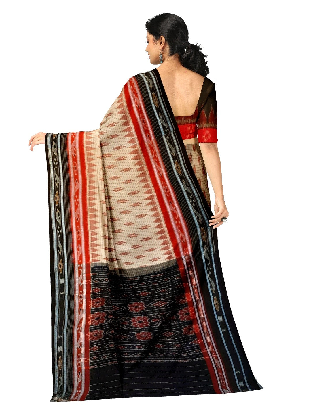 Beige with double border Odisha Ikat saree with cotton ikat blouse piece