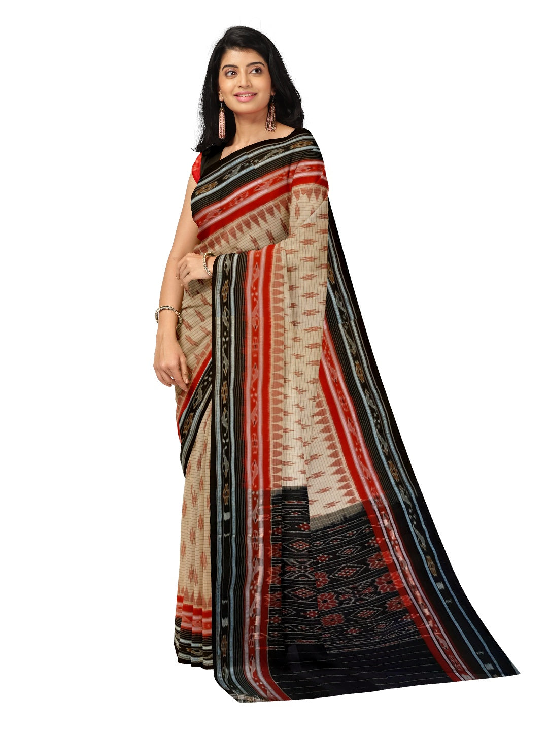 Beige with double border Odisha Ikat saree with cotton ikat blouse piece