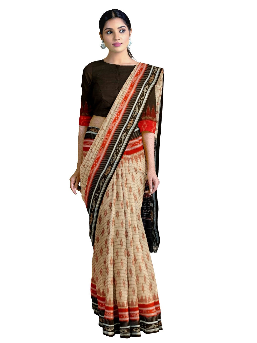Beige with double border Odisha Ikat saree with cotton ikat blouse piece