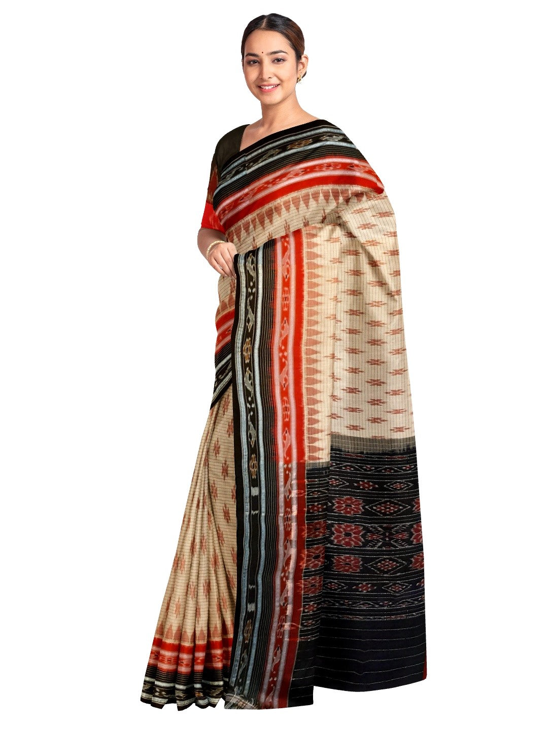 Beige with double border Odisha Ikat saree with cotton ikat blouse piece