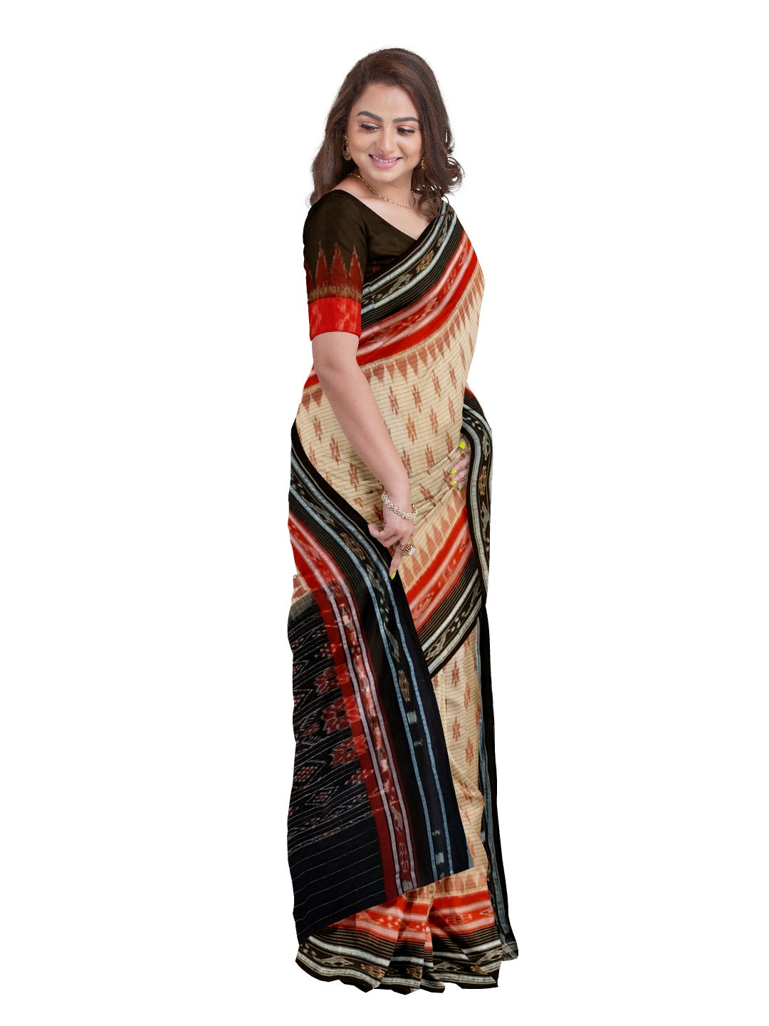 Beige with double border Odisha Ikat saree with cotton ikat blouse piece