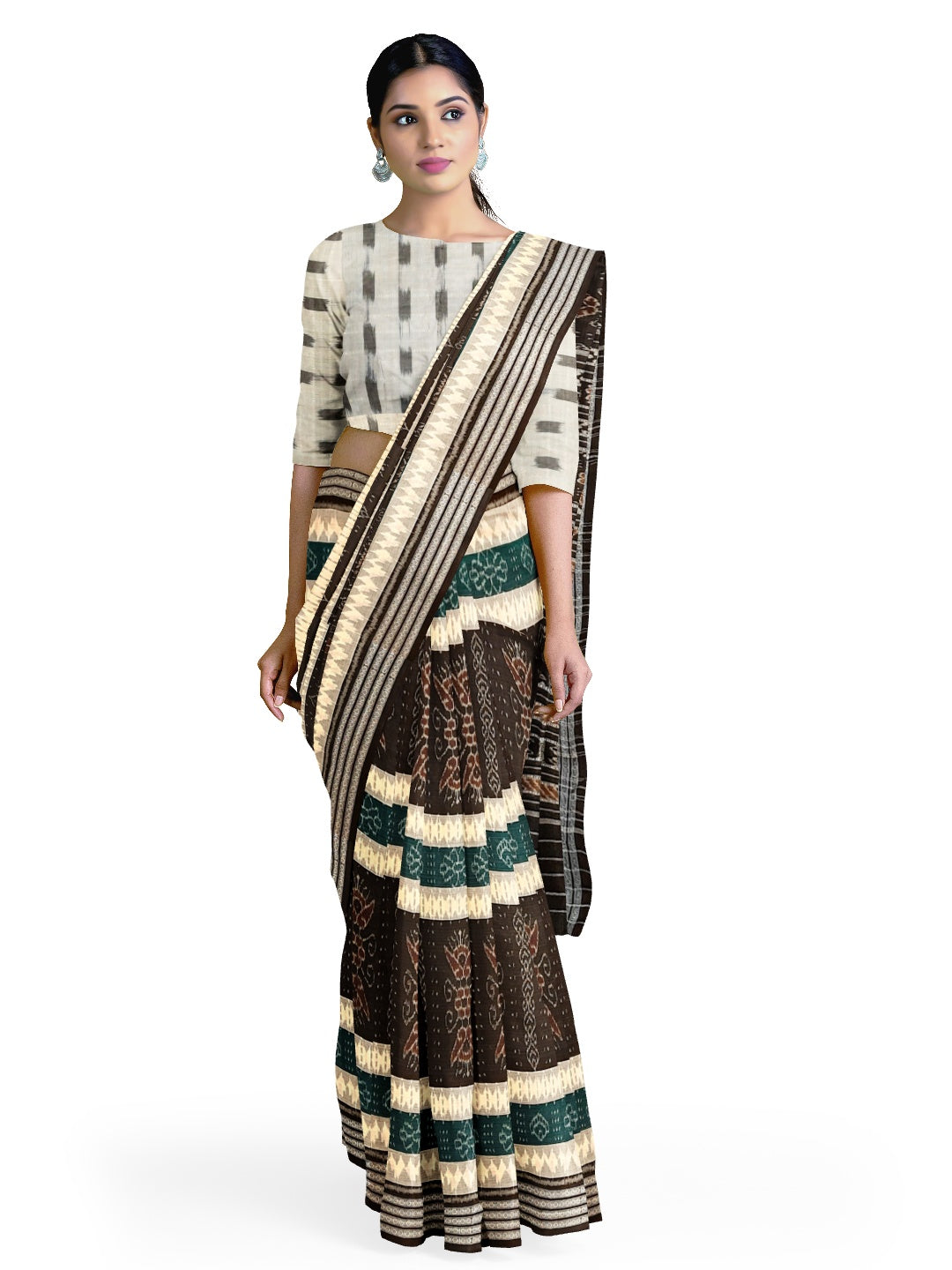 Green black Cotton Odisha Ikat saree  with mix match cotton ikat blouse piece