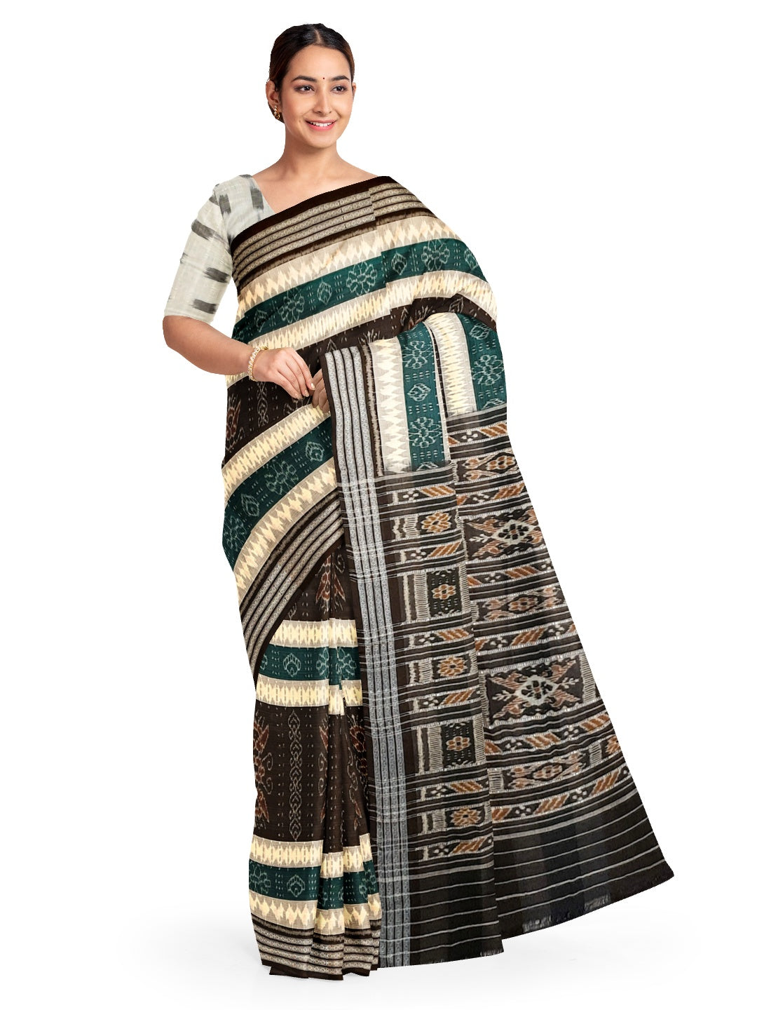 Green black Cotton Odisha Ikat saree  with mix match cotton ikat blouse piece