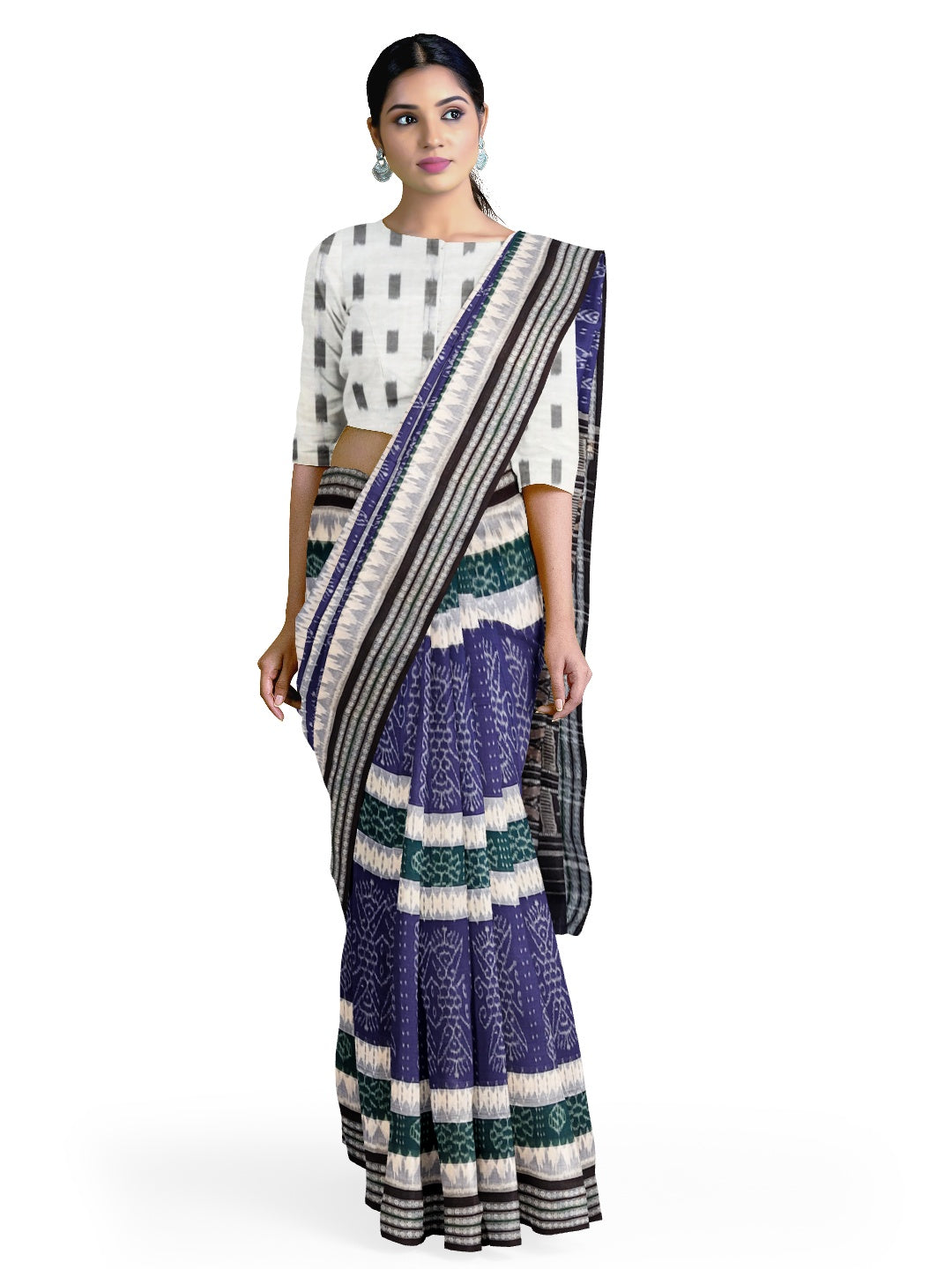 Blue Green Cotton Odisha Ikat saree  with mix match cotton ikat blouse piece