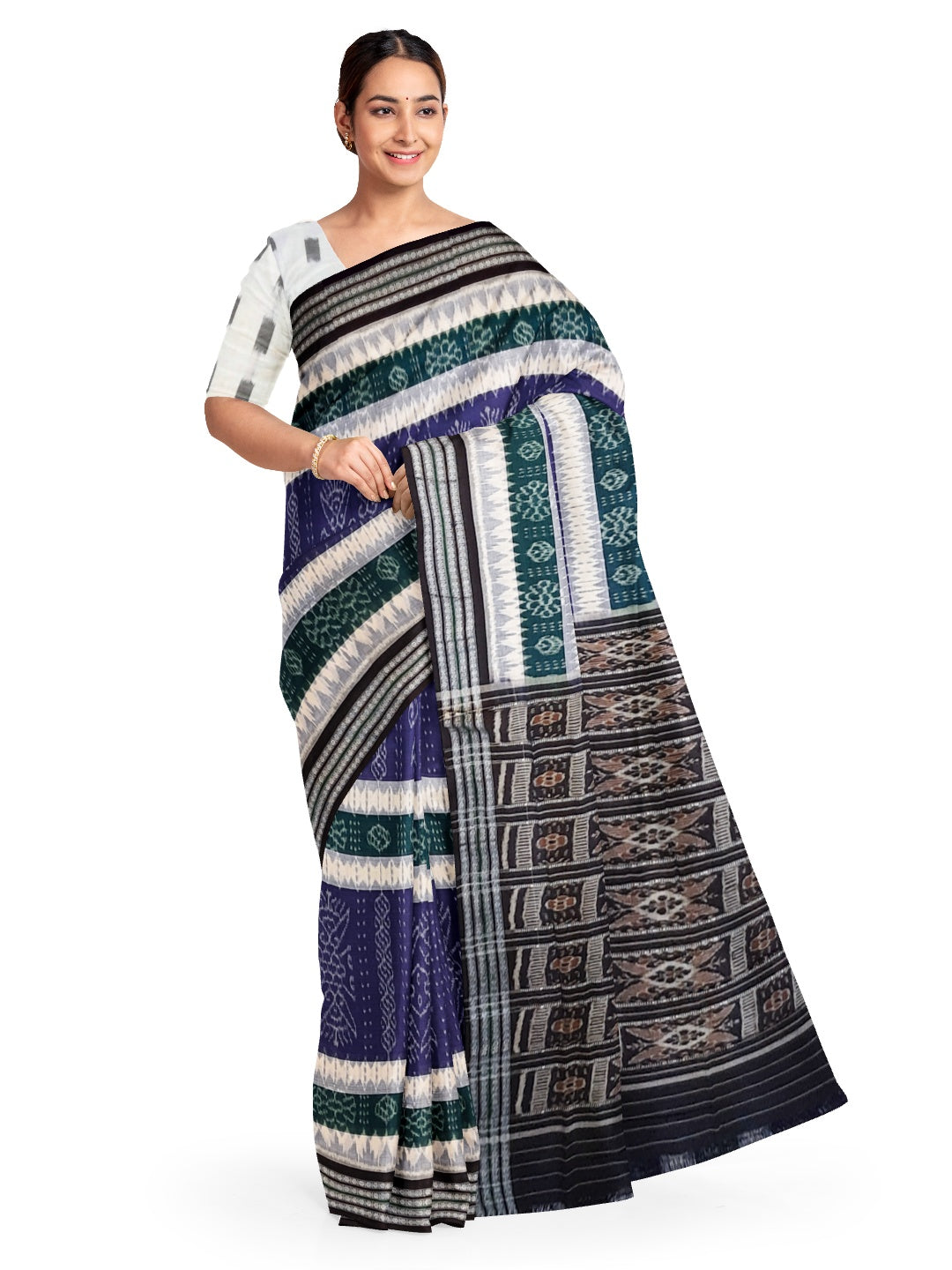 Blue Green Cotton Odisha Ikat saree  with mix match cotton ikat blouse piece