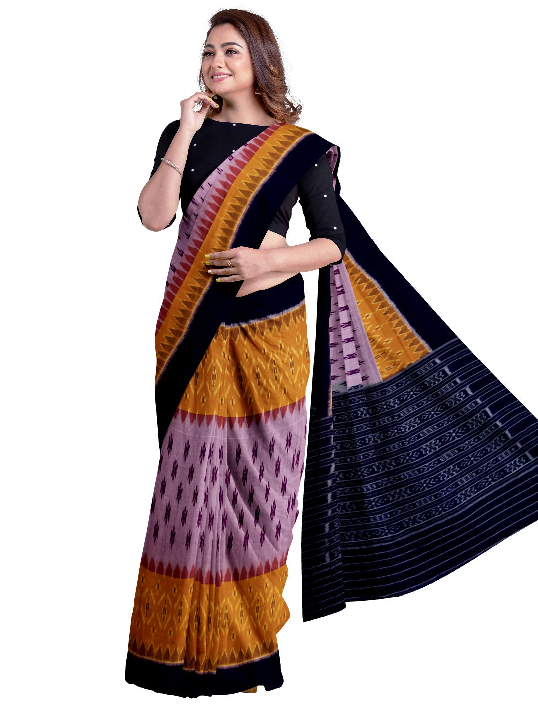 Yellow and Purple combination Odisha Ikat saree  with cotton ikat blouse