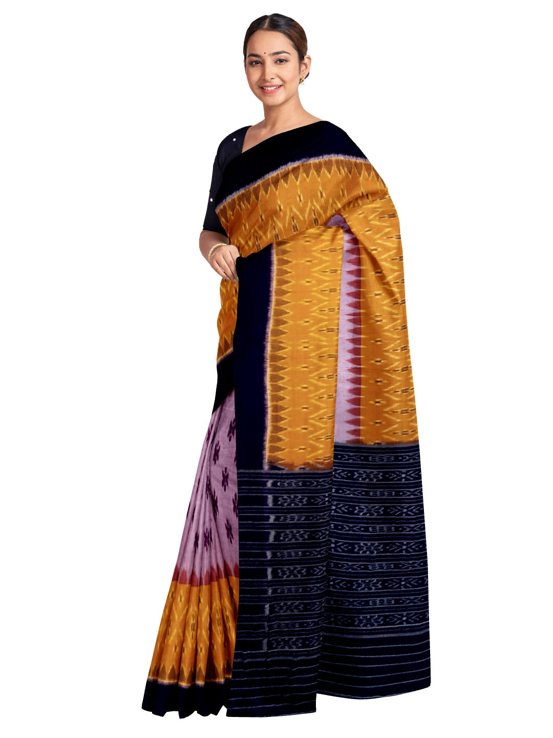 Yellow and Purple combination Odisha Ikat saree  with cotton ikat blouse
