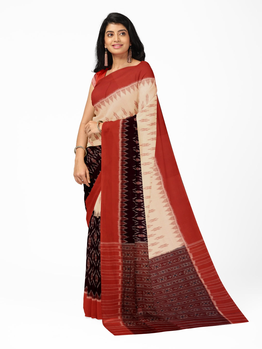 Beige Black combination Odisha Ikat saree  with cotton ikat blouse