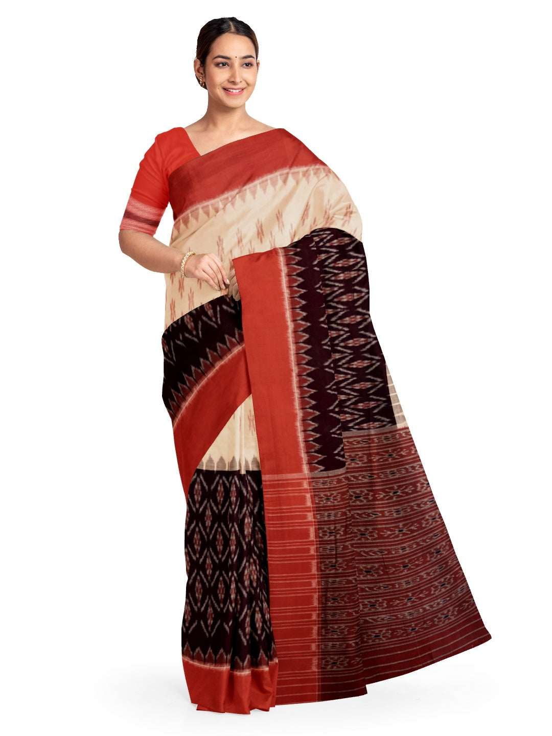 Beige Black combination Odisha Ikat saree  with cotton ikat blouse