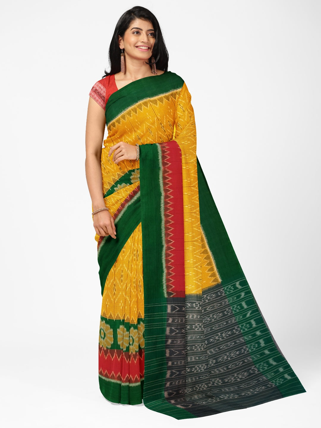 Yellow Green Odisha Ikat saree with wide border paired with cotton ikat blouse piece