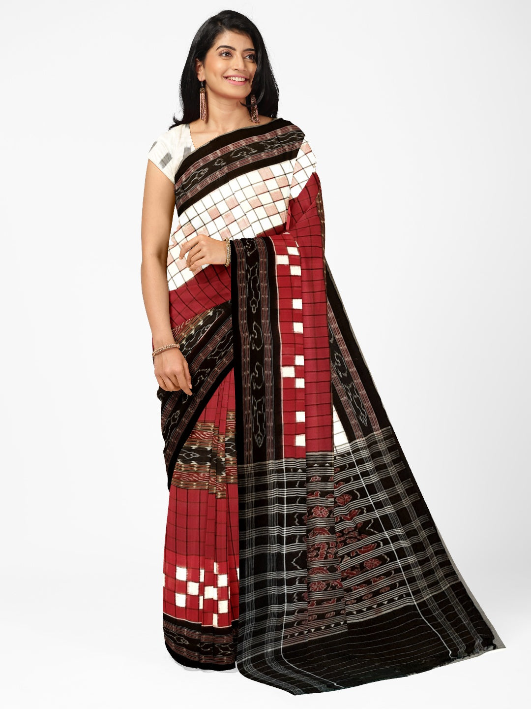 Red Cotton Odisha Pasapalli Saree with mix match cotton Ikat blouse piece