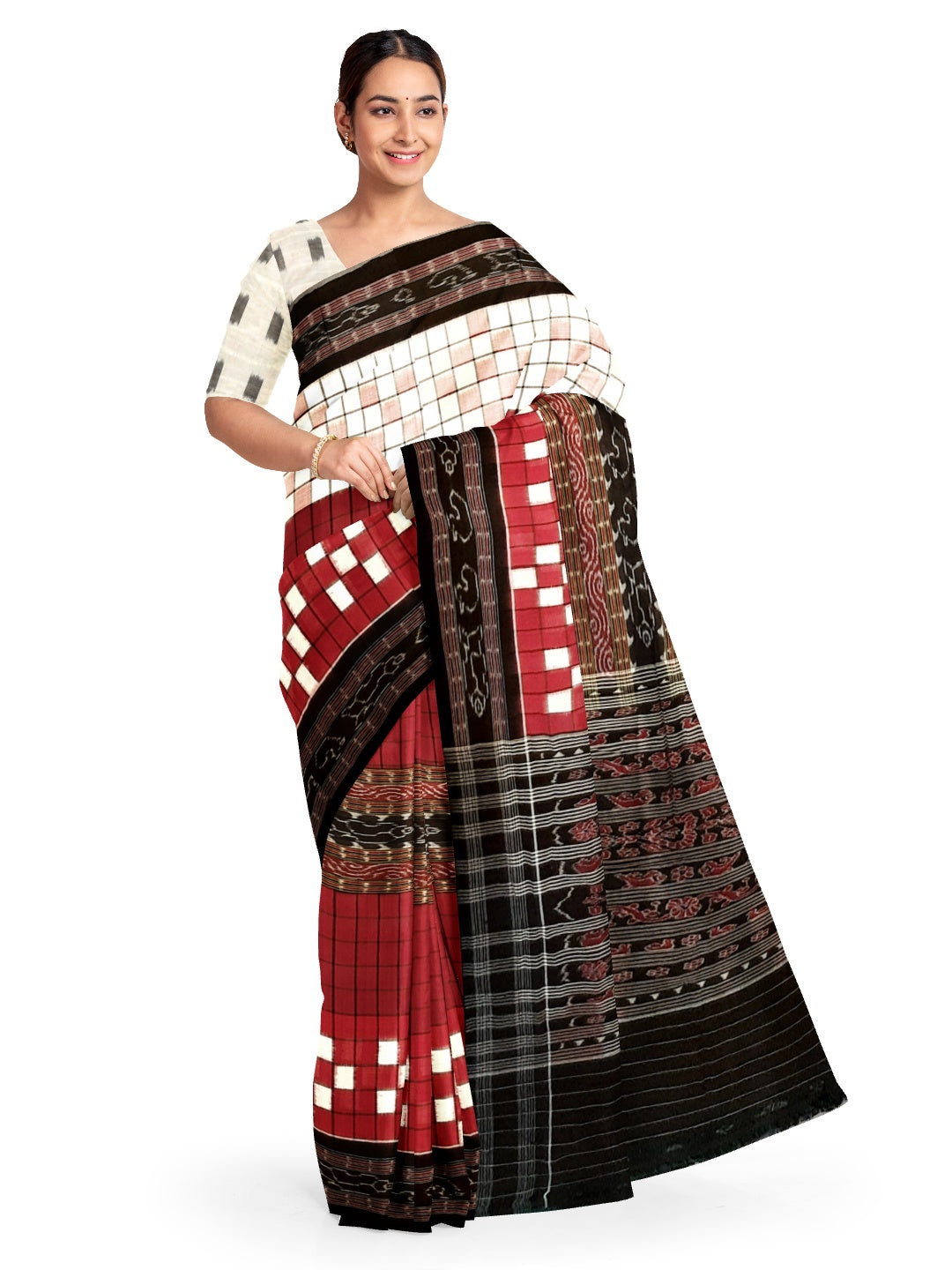Red Cotton Odisha Pasapalli Saree with mix match cotton Ikat blouse piece