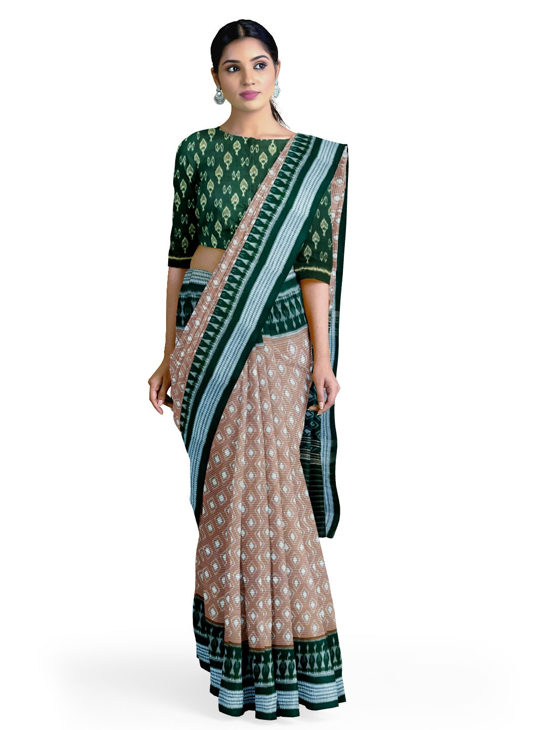 Beige Green cotton Sambalpuri Saree with mix match cotton Ikat blouse piece