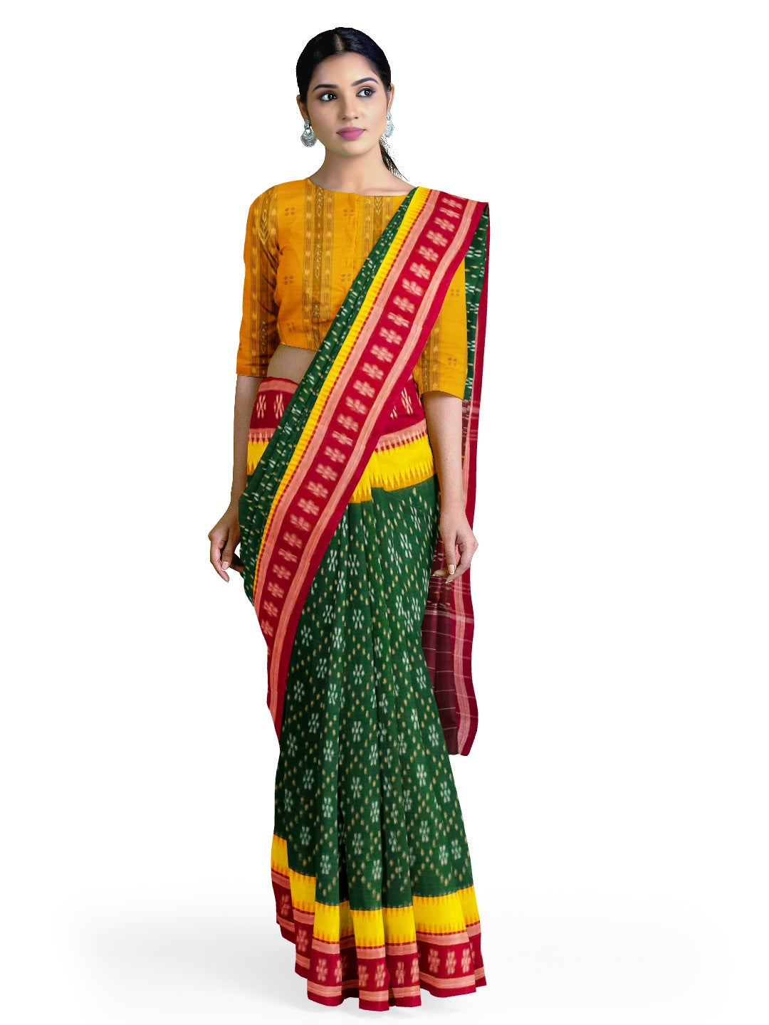 Green cotton Sambalpuri Saree with mix match cotton Ikat blouse piece