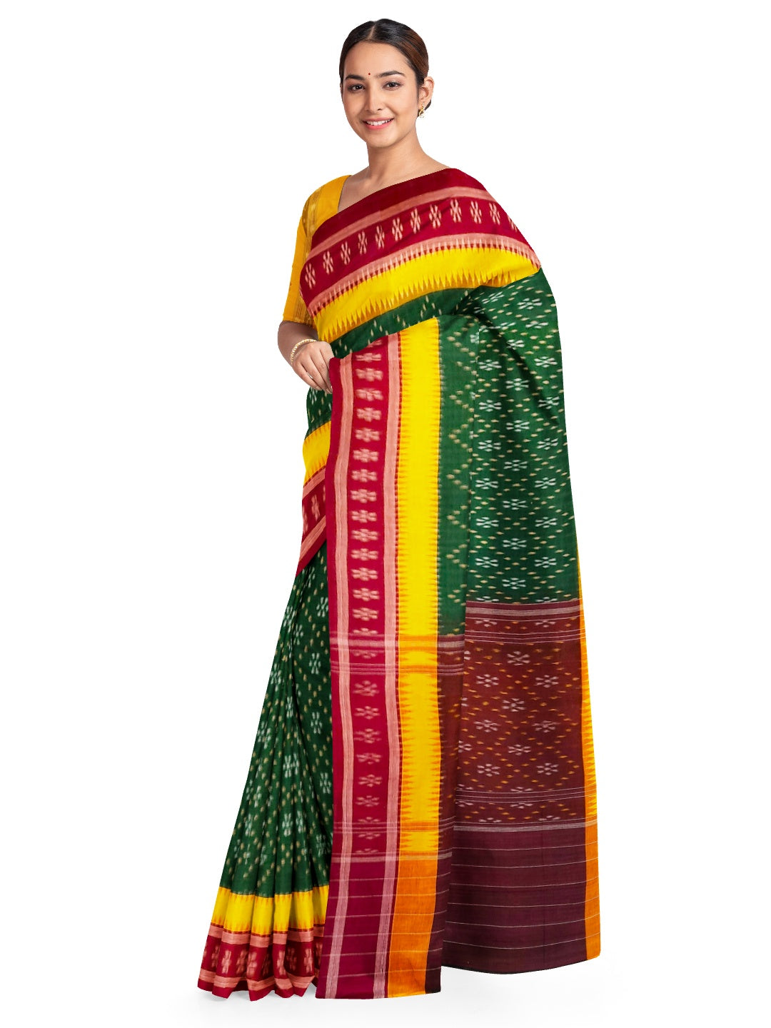 Green cotton Sambalpuri Saree with mix match cotton Ikat blouse piece