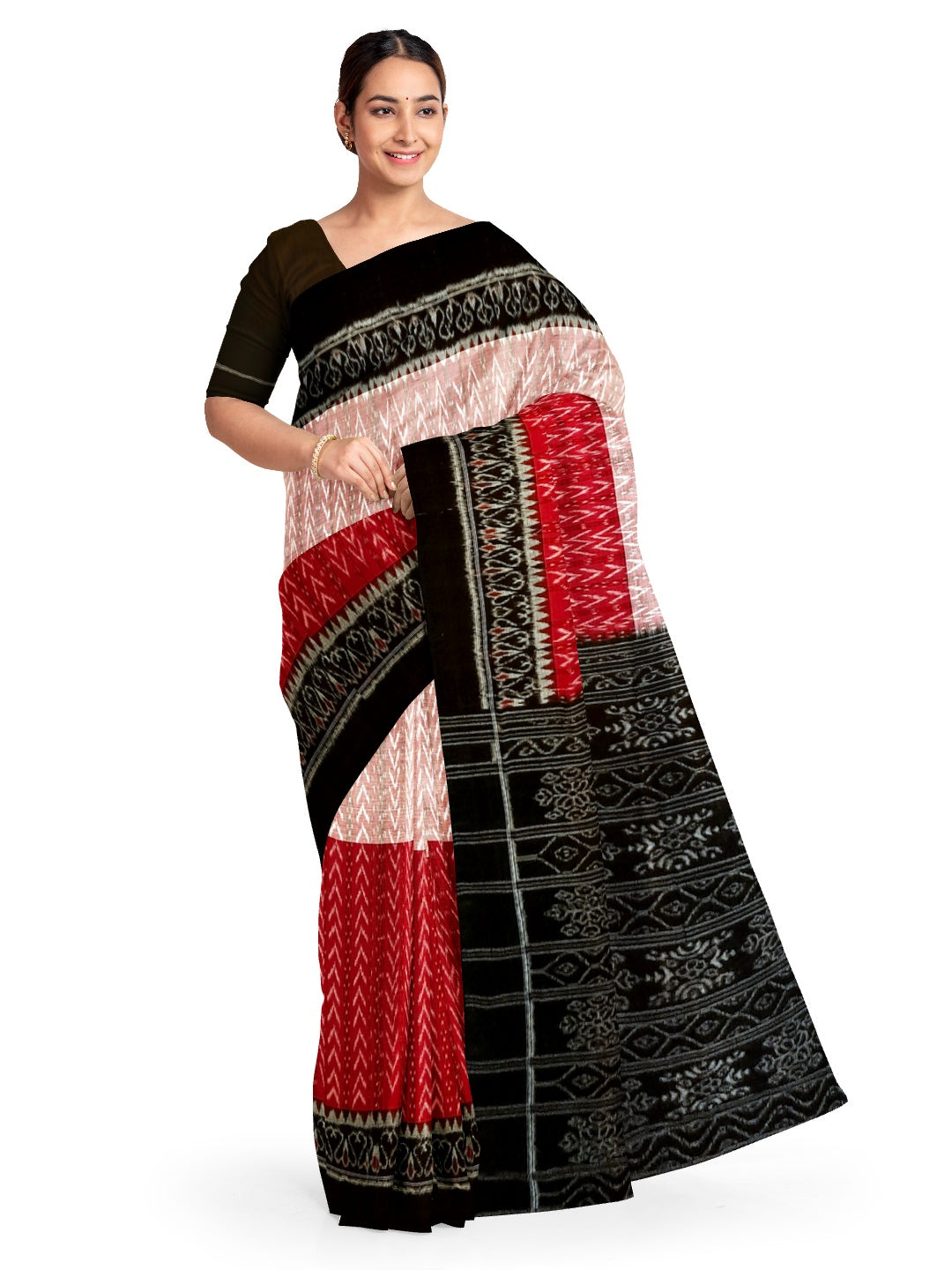 Red and Pink half half Sambalpuri Cotton Ikat saree with running blouse piece