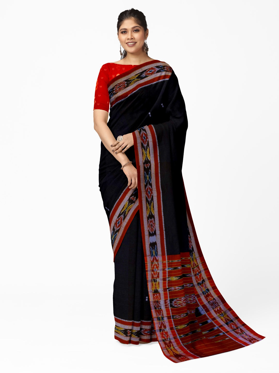 Black Cotton Odisha Ikat saree  with mix match cotton ikat blouse