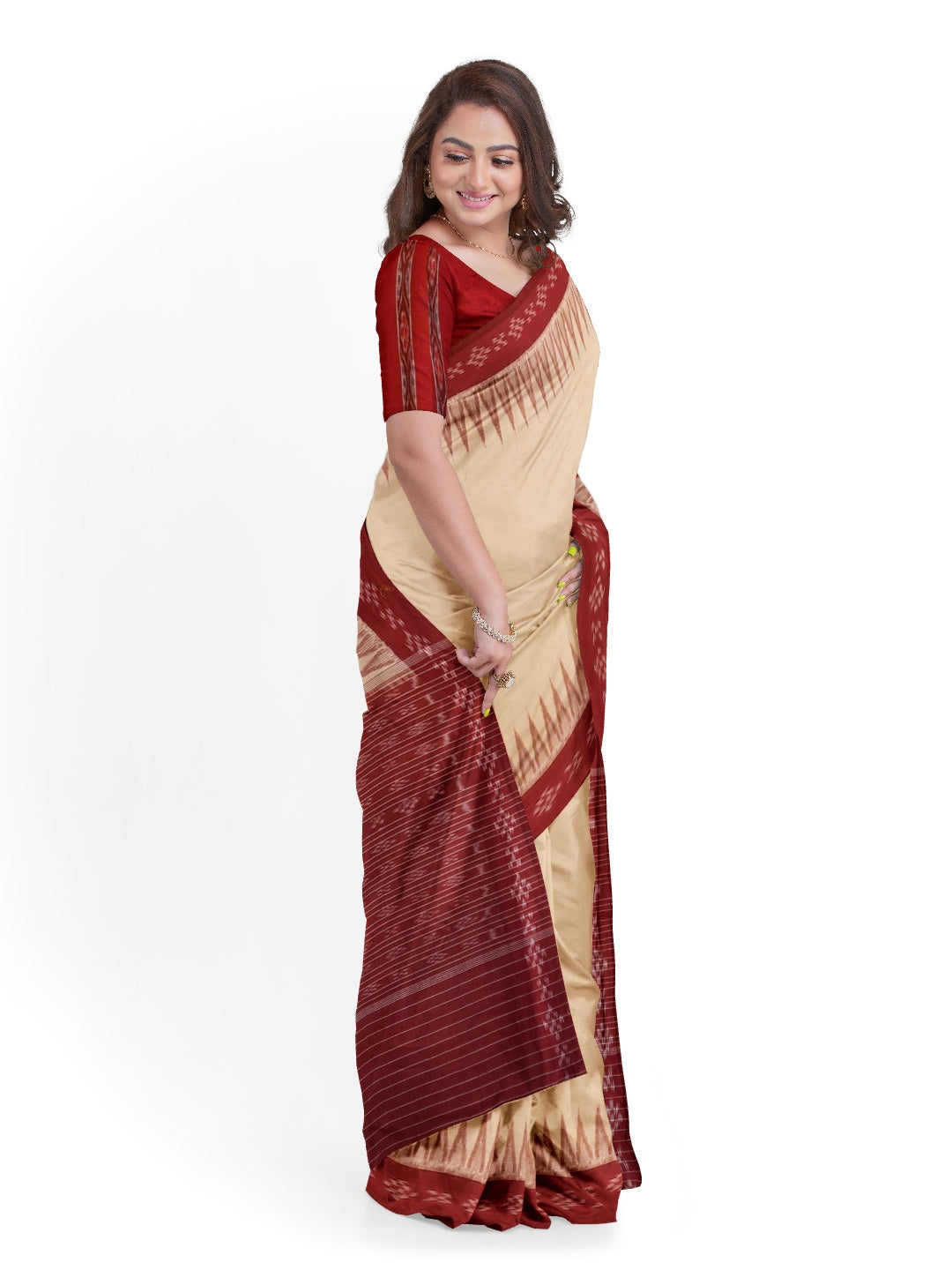 Beige and Maroon Cotton Odisha Ikat saree  with  cotton ikat blouse piece