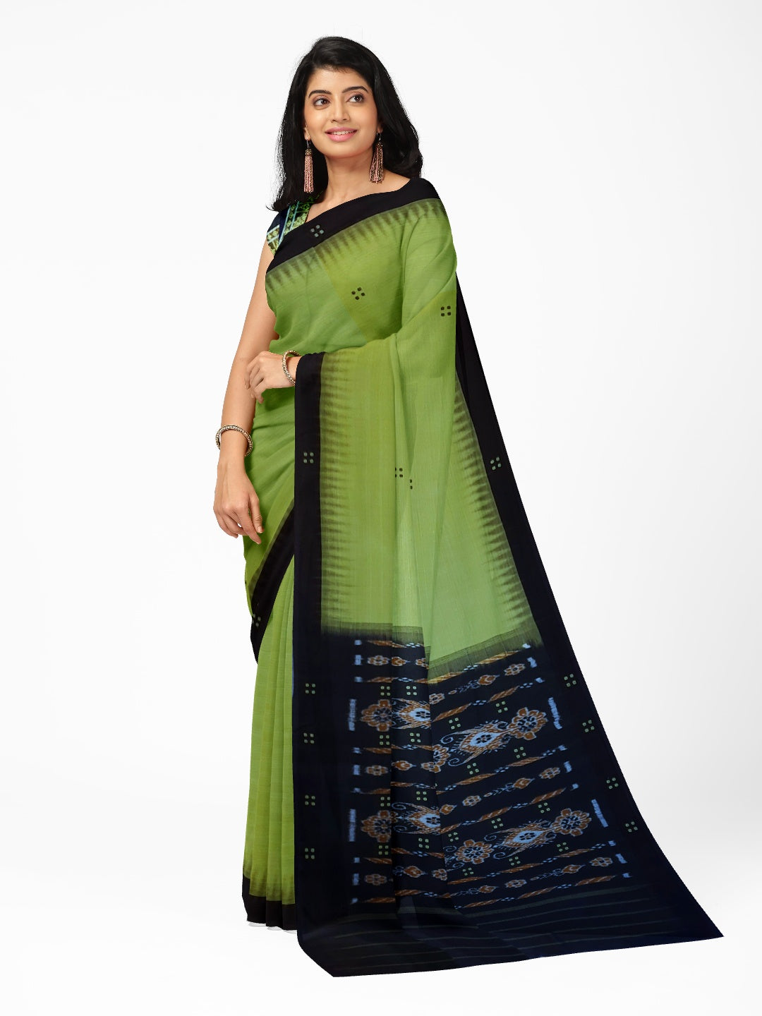 OliveGreen Cotton Odisha Ikat saree with cotton ikat blouse piece