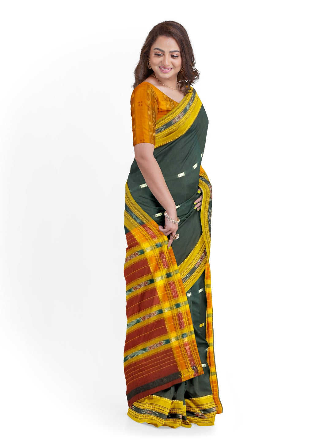 Green Cotton Odisha Ikat saree  with mix match cotton ikat blouse