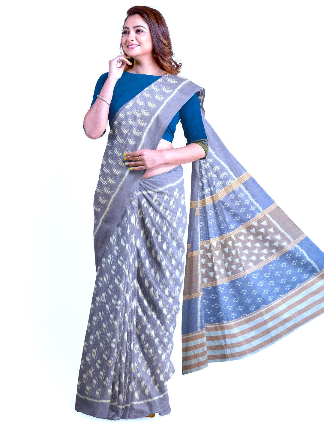 Grey Cotton Odisha Ikat saree with cotton ikat blouse piece