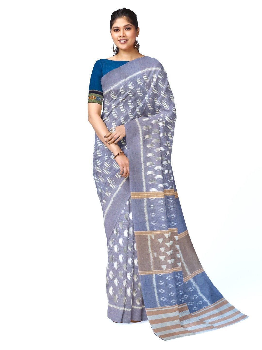 Grey Cotton Odisha Ikat saree with cotton ikat blouse piece