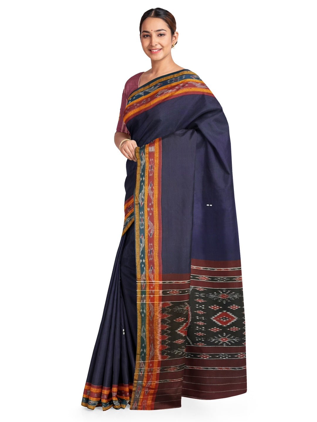 Blue Cotton Odisha Ikat double border saree with mix match cotton ikat blouse