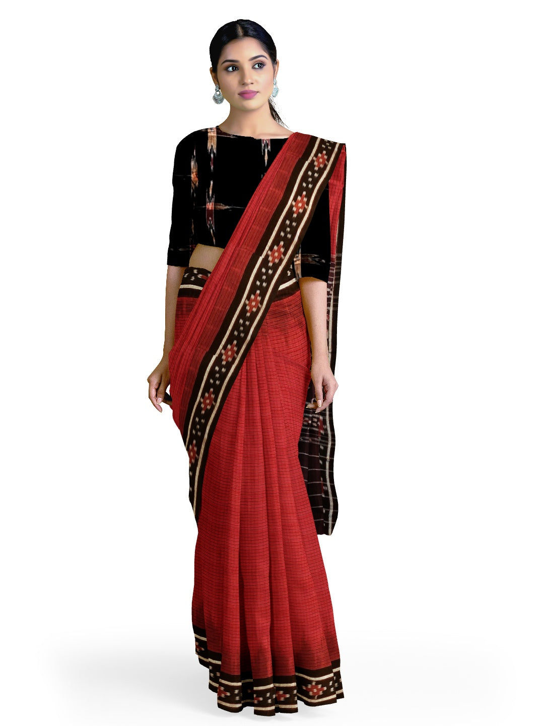 Red Checkered Cotton Odisha Ikat saree with mix match cotton ikat blouse