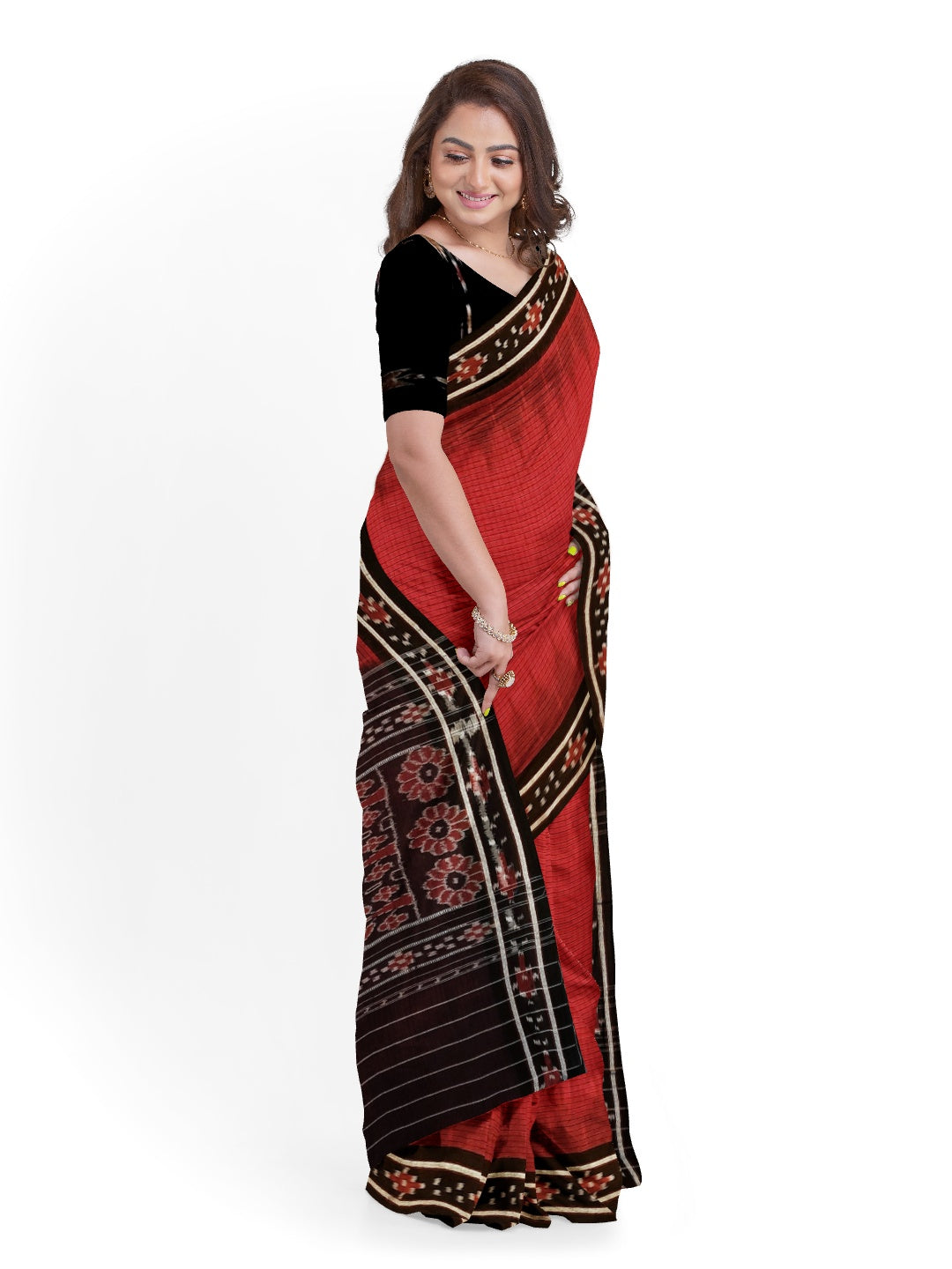 Red Checkered Cotton Odisha Ikat saree with mix match cotton ikat blouse