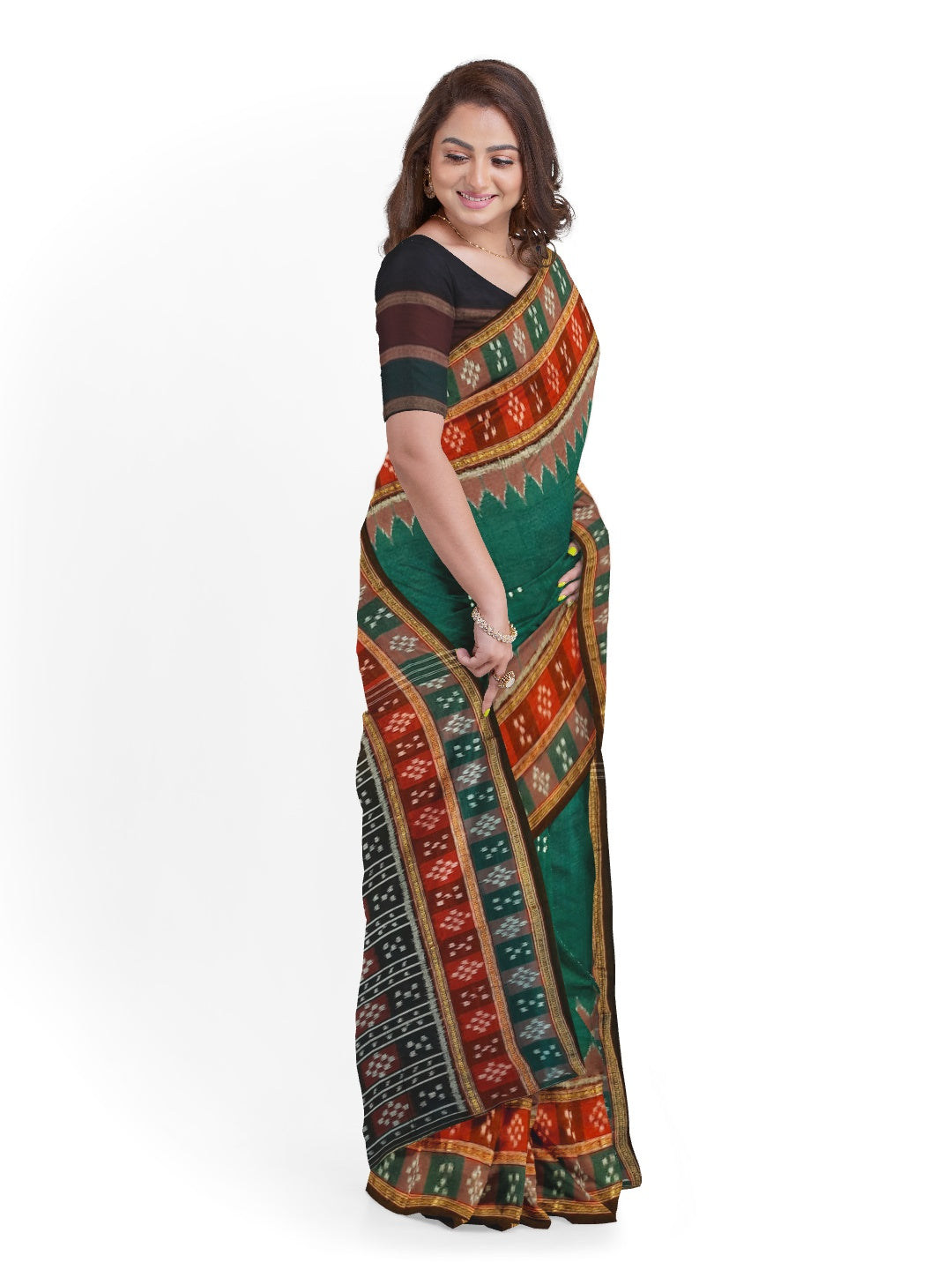 Green double border Cotton Odisha Ikat saree  with running blouse piece