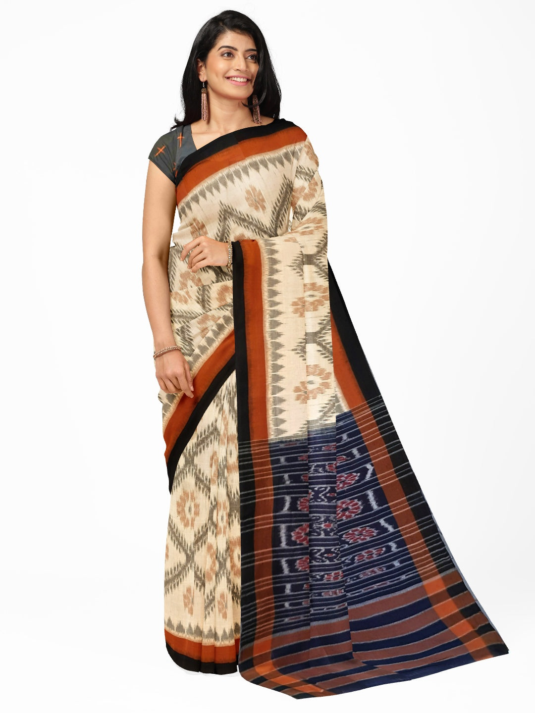 Beige Cotton Odisha Ikat saree  with  cotton ikat blouse piece