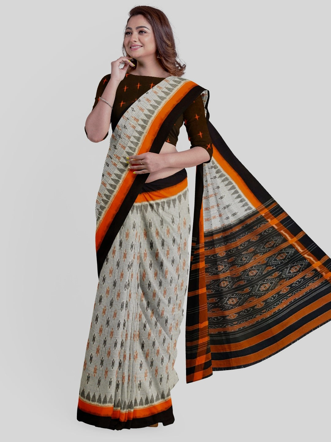 White checks on body Cotton Odisha Ikat saree  with  cotton ikat blouse piece
